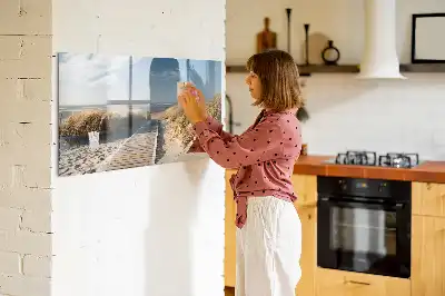 Magnetisch glazen schrijfbord met strandzicht voor notities en foto's