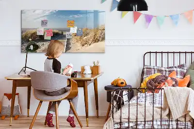 Magnetisch glazen schrijfbord met strandzicht voor notities en foto's
