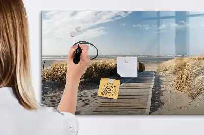Magnetisch glazen schrijfbord met strandzicht voor notities en foto's