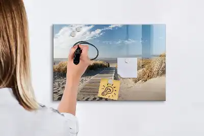 Magnetisch glazen schrijfbord met strandzicht voor notities en foto's