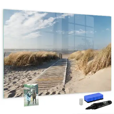 Magnetisch glazen schrijfbord met strandzicht voor notities en foto's