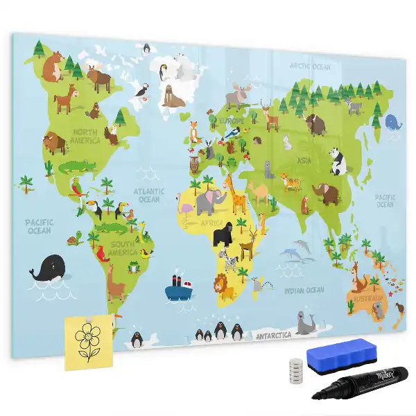 Beschrijfbaar glazen magneetbord met design van wereldkaart met dieren