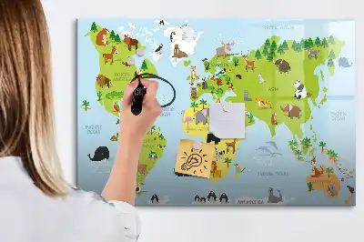 Beschrijfbaar glazen magneetbord met design van wereldkaart met dieren