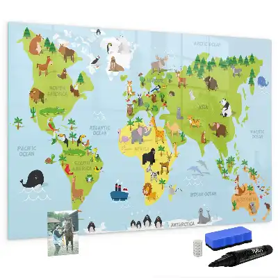 Beschrijfbaar glazen magneetbord met design van wereldkaart met dieren