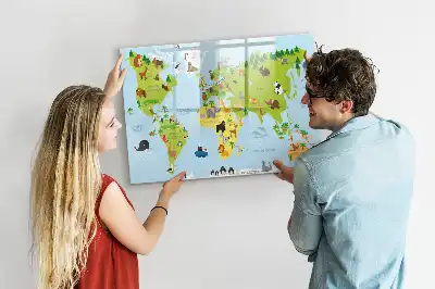 Beschrijfbaar glazen magneetbord met design van wereldkaart met dieren