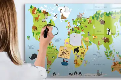 Beschrijfbaar glazen magneetbord met design van wereldkaart met dieren
