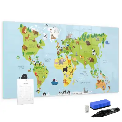 Beschrijfbaar glazen magneetbord met design van wereldkaart met dieren