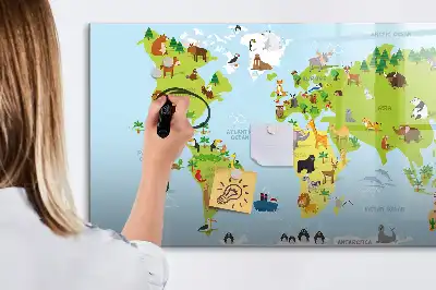 Beschrijfbaar glazen magneetbord met design van wereldkaart met dieren