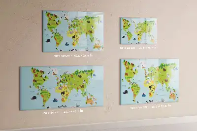 Beschrijfbaar glazen magneetbord met design van wereldkaart met dieren