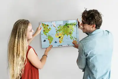 Beschrijfbaar glazen magneetbord met design van wereldkaart met dieren