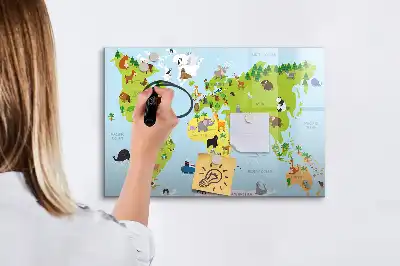 Beschrijfbaar glazen magneetbord met design van wereldkaart met dieren