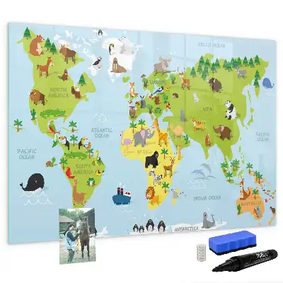 Beschrijfbaar glazen magneetbord met design van wereldkaart met dieren
