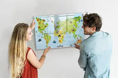 Beschrijfbaar glazen magneetbord met design van wereldkaart met dieren