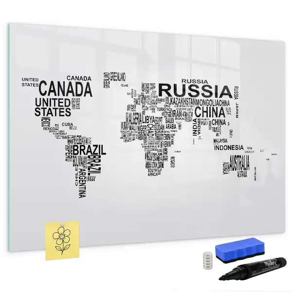 Magnetisch glazen memobord ontwerp met continenten van letters