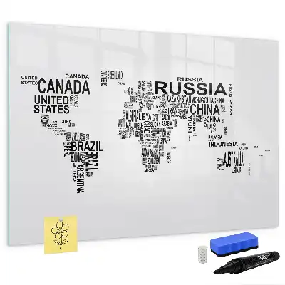 Magnetisch glazen memobord ontwerp met continenten van letters