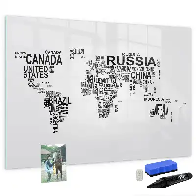 Magnetisch glazen memobord ontwerp met continenten van letters