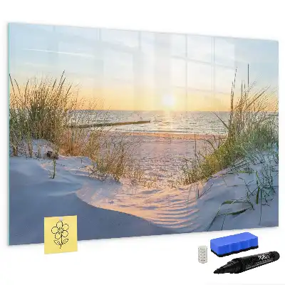 Beschrijfbaar glazen magneetbord met design van een zonsondergang op het strand