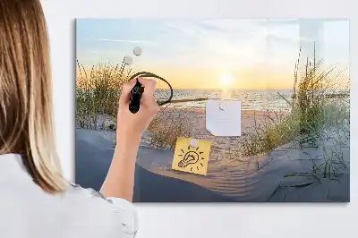 Beschrijfbaar glazen magneetbord met design van een zonsondergang op het strand