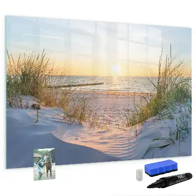 Beschrijfbaar glazen magneetbord met design van een zonsondergang op het strand