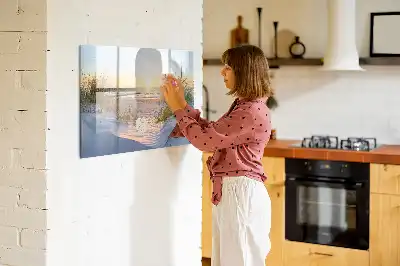 Beschrijfbaar glazen magneetbord met design van een zonsondergang op het strand