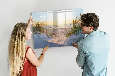 Beschrijfbaar glazen magneetbord met design van een zonsondergang op het strand