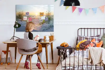 Beschrijfbaar glazen magneetbord met design van een zonsondergang op het strand