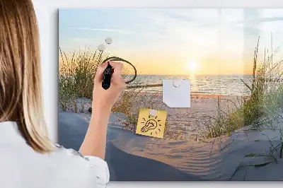 Beschrijfbaar glazen magneetbord met design van een zonsondergang op het strand