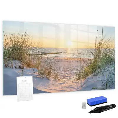 Beschrijfbaar glazen magneetbord met design van een zonsondergang op het strand