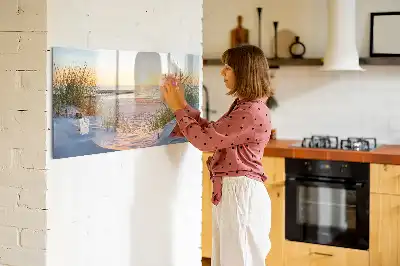 Beschrijfbaar glazen magneetbord met design van een zonsondergang op het strand