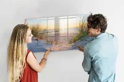 Beschrijfbaar glazen magneetbord met design van een zonsondergang op het strand