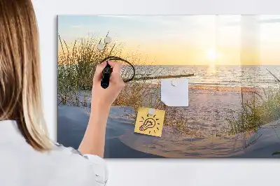 Beschrijfbaar glazen magneetbord met design van een zonsondergang op het strand