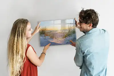 Beschrijfbaar glazen magneetbord met design van een zonsondergang op het strand