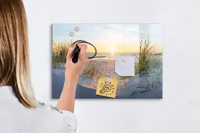 Beschrijfbaar glazen magneetbord met design van een zonsondergang op het strand
