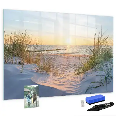 Beschrijfbaar glazen magneetbord met design van een zonsondergang op het strand