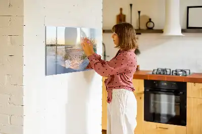 Beschrijfbaar glazen magneetbord met design van een zonsondergang op het strand
