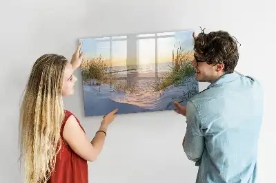 Beschrijfbaar glazen magneetbord met design van een zonsondergang op het strand