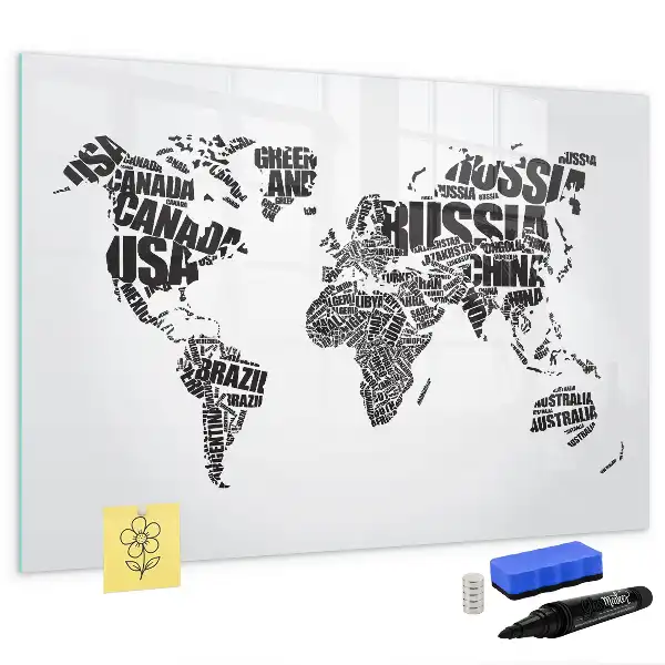 Magnetisch glazen schrijfbord wereldkaart voor notities en foto's