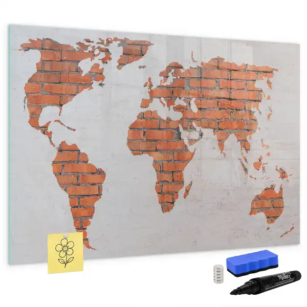 Beschrijfbaar glazen magneetbord wereldkaart op baksteen design