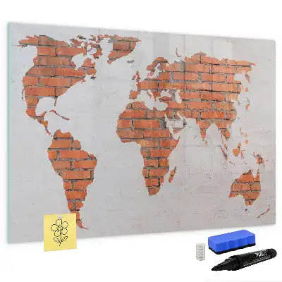 Beschrijfbaar glazen magneetbord wereldkaart op baksteen design