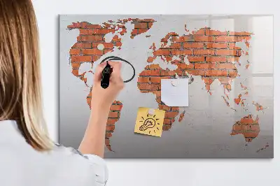 Beschrijfbaar glazen magneetbord wereldkaart op baksteen design