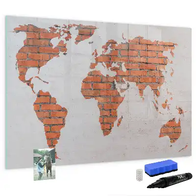 Beschrijfbaar glazen magneetbord wereldkaart op baksteen design