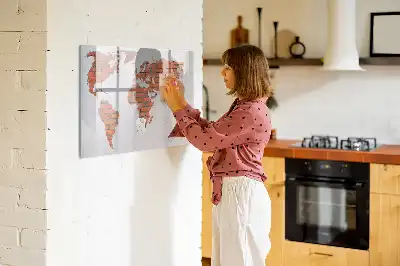 Beschrijfbaar glazen magneetbord wereldkaart op baksteen design