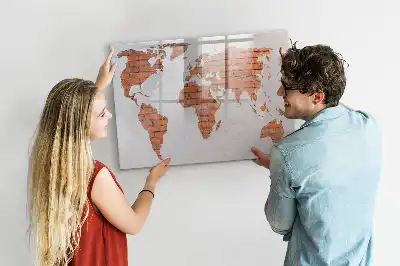 Beschrijfbaar glazen magneetbord wereldkaart op baksteen design