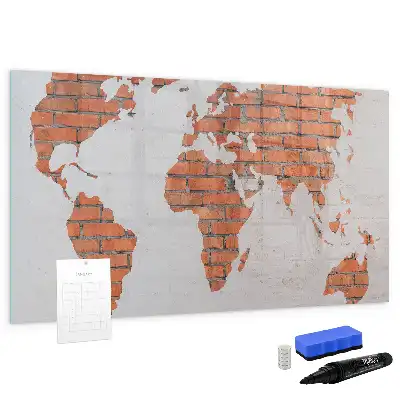 Beschrijfbaar glazen magneetbord wereldkaart op baksteen design