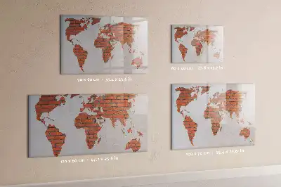 Beschrijfbaar glazen magneetbord wereldkaart op baksteen design