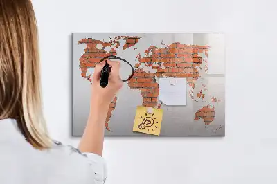 Beschrijfbaar glazen magneetbord wereldkaart op baksteen design