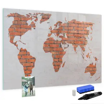 Beschrijfbaar glazen magneetbord wereldkaart op baksteen design