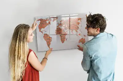 Beschrijfbaar glazen magneetbord wereldkaart op baksteen design