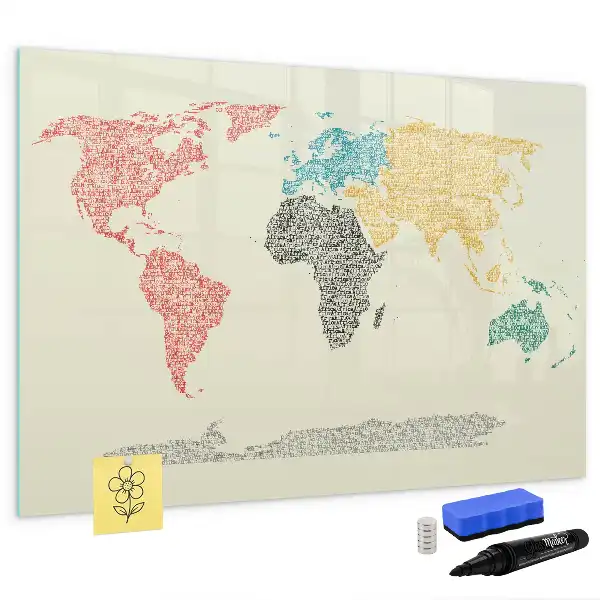 Beschrijfbaar glazen magneetbord met wereldkaart van letters