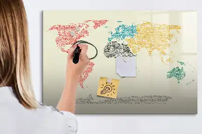 Beschrijfbaar glazen magneetbord met wereldkaart van letters